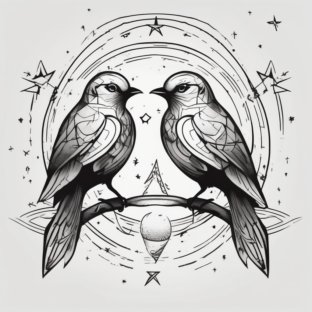 two birds sitting, stars and infinity theme couples tattoo hello kitty tattoo, AI-generated Cartoon tattoo design